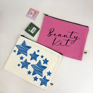 AOA Studio Beauty Kit and Blue Stars Canvas Cosmetic Makeup Bag Set New With Tag